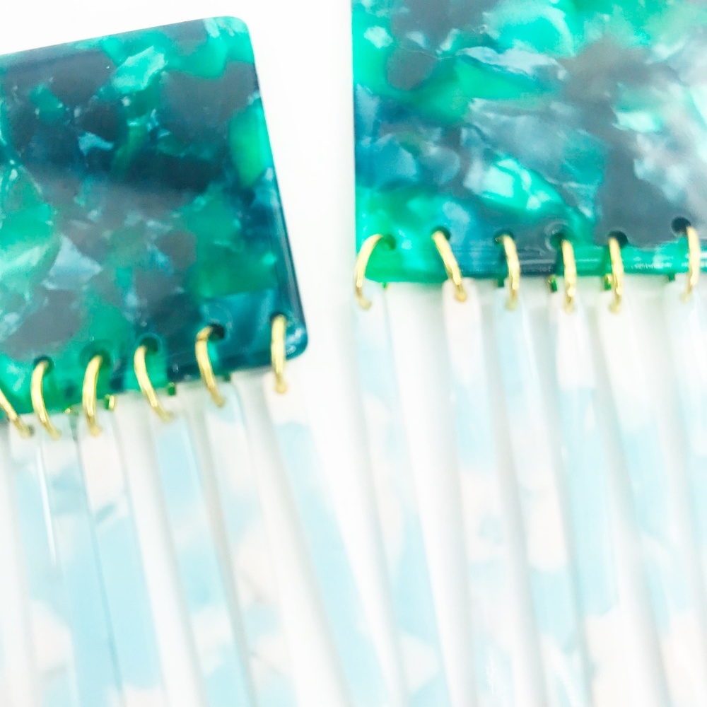 Square Earrings in Green with Blue Fringe - Picture 3 of 7